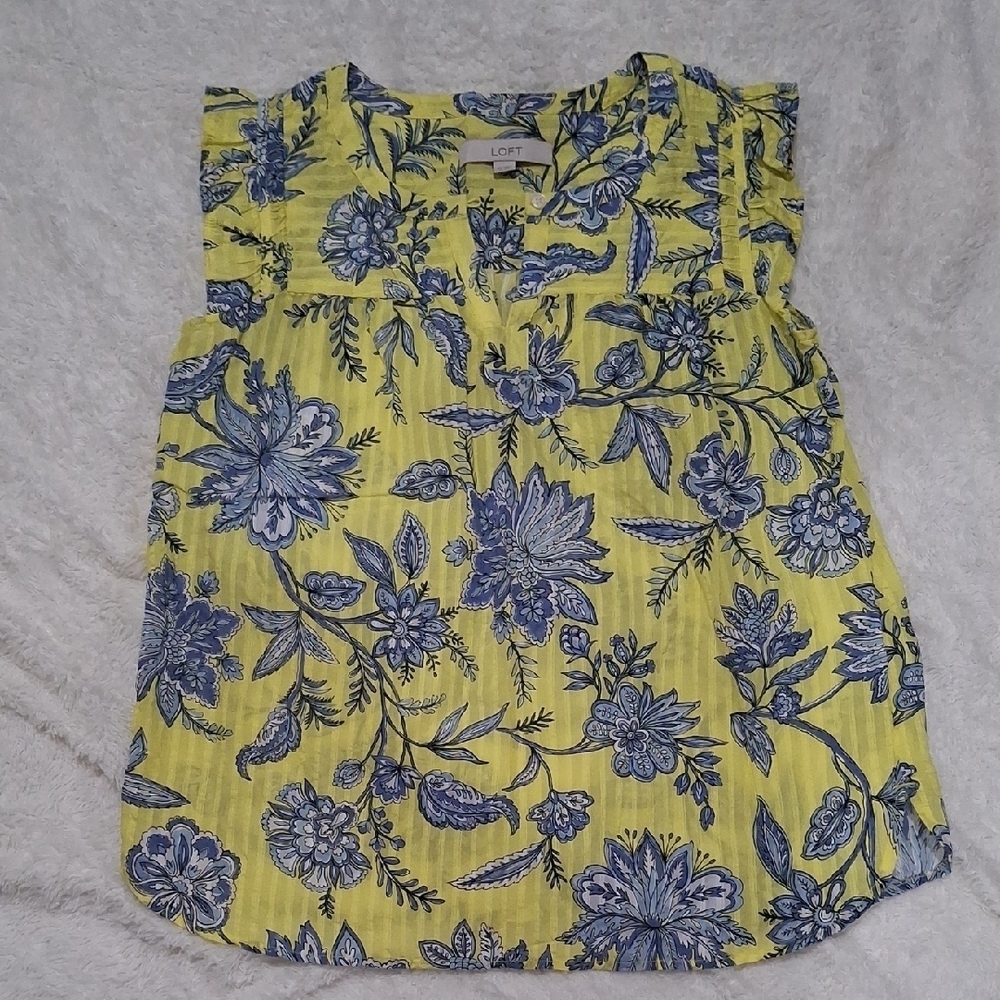 LOFT Blue and Yellow Sleeveless Ruffled Blouse